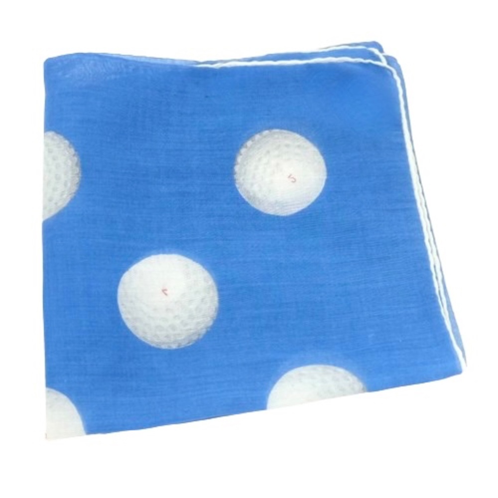 Vintage~SWISS MADE~Blue & White Golf Ball Cotton Handkerchief POCKET SQU…
